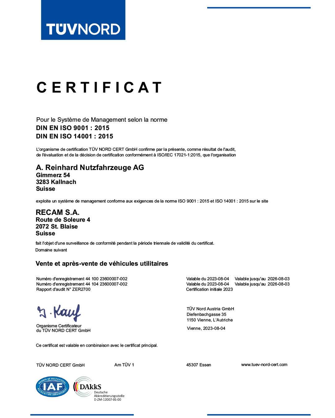 Certificat ISO 9001 14001