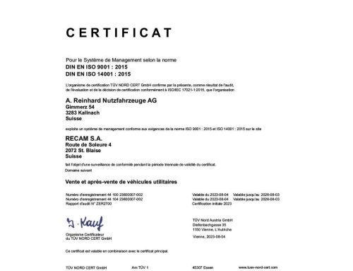 RECAM S.A. à nouveau certifiée ISO 9001 et ISO 14001 :